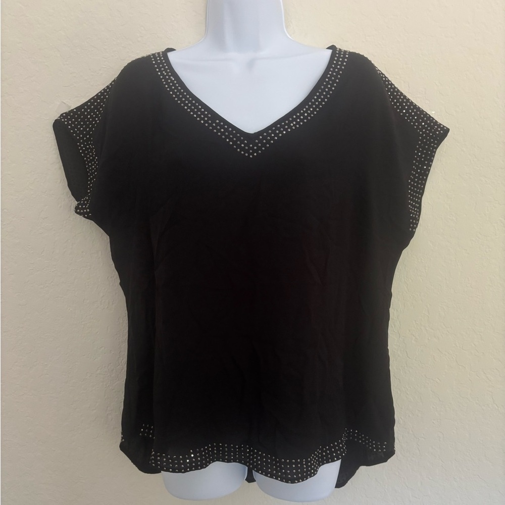 Patchington Black Sheer Cap Sleeve Stud Accents Top Large NWT